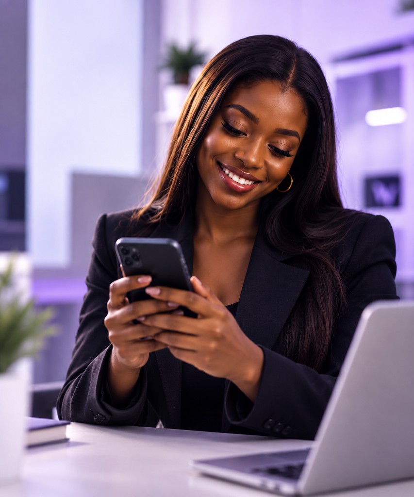 Smiling professional using her phone to send or receive a payment with Wavy